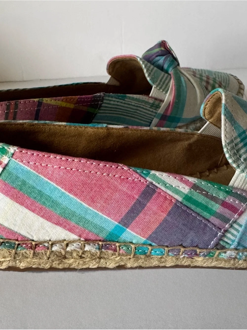 Talbots Women’s 7 Plaid knot Espadrille Flats Teal Pink Slip On Shoes Classic